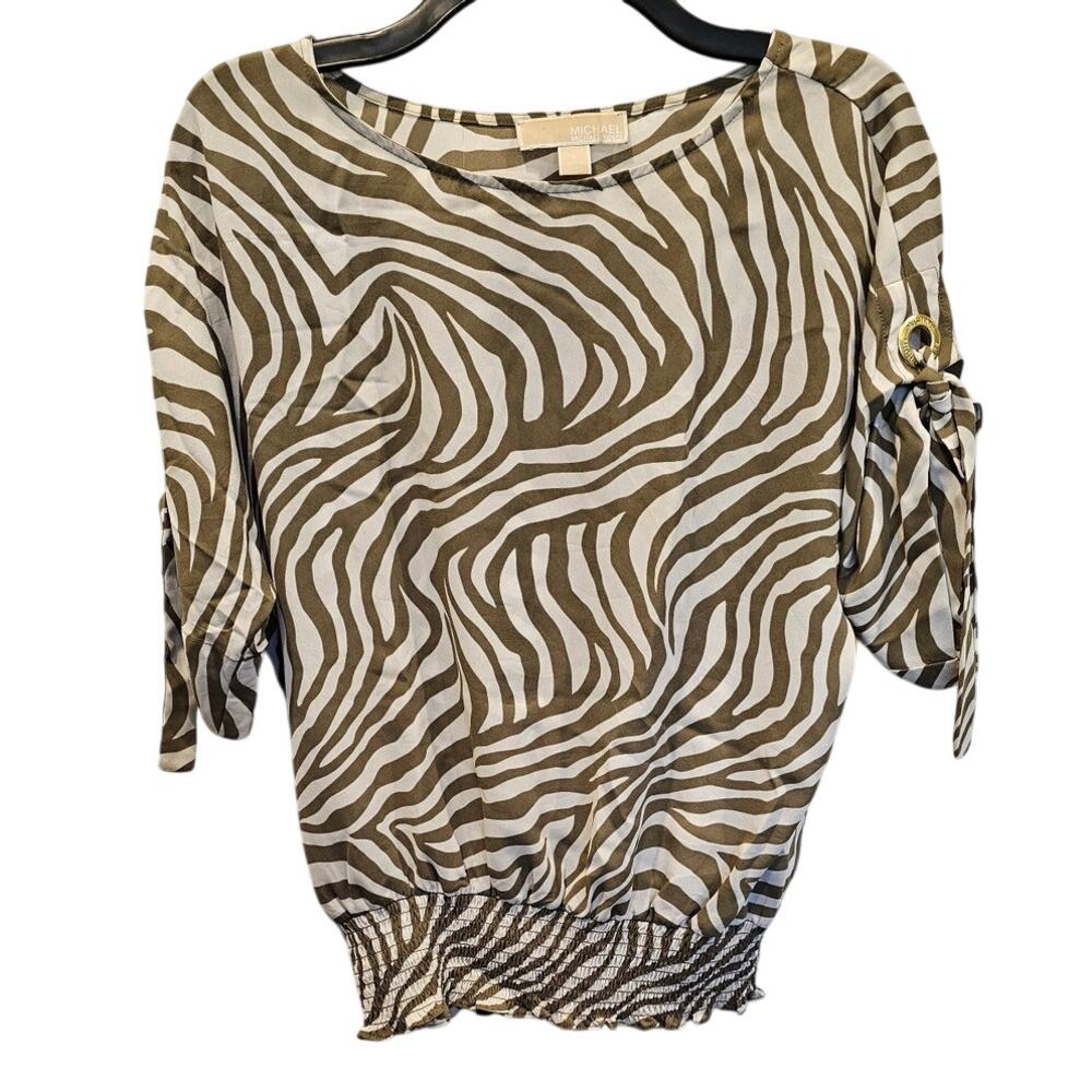 Michael Kors Zebra Animal Print Top Tie Sleeve Smocked Waist Small Lightweight
